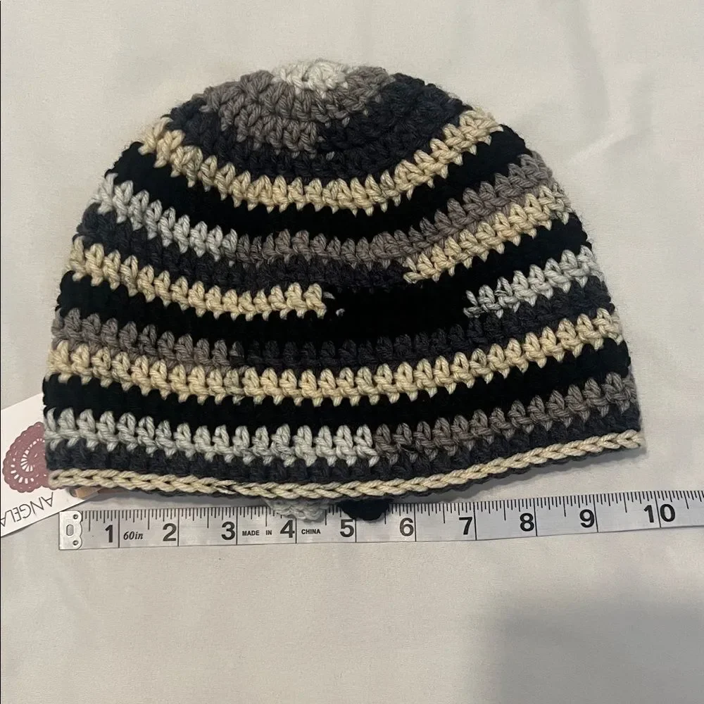 NWT Angelas Designs hand crocheted one of a kind grey black tan hat with flower